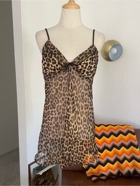 Y2K Gilligan & O'Malley Coquette Babydoll Cheetah Front Slit Sheer Tank Top